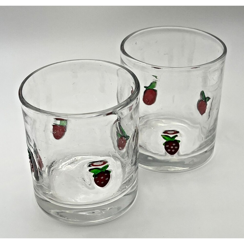 Set of 2 3D Strawberry Drinking Glasses Fruit Juice Cups Cottagecore Barware